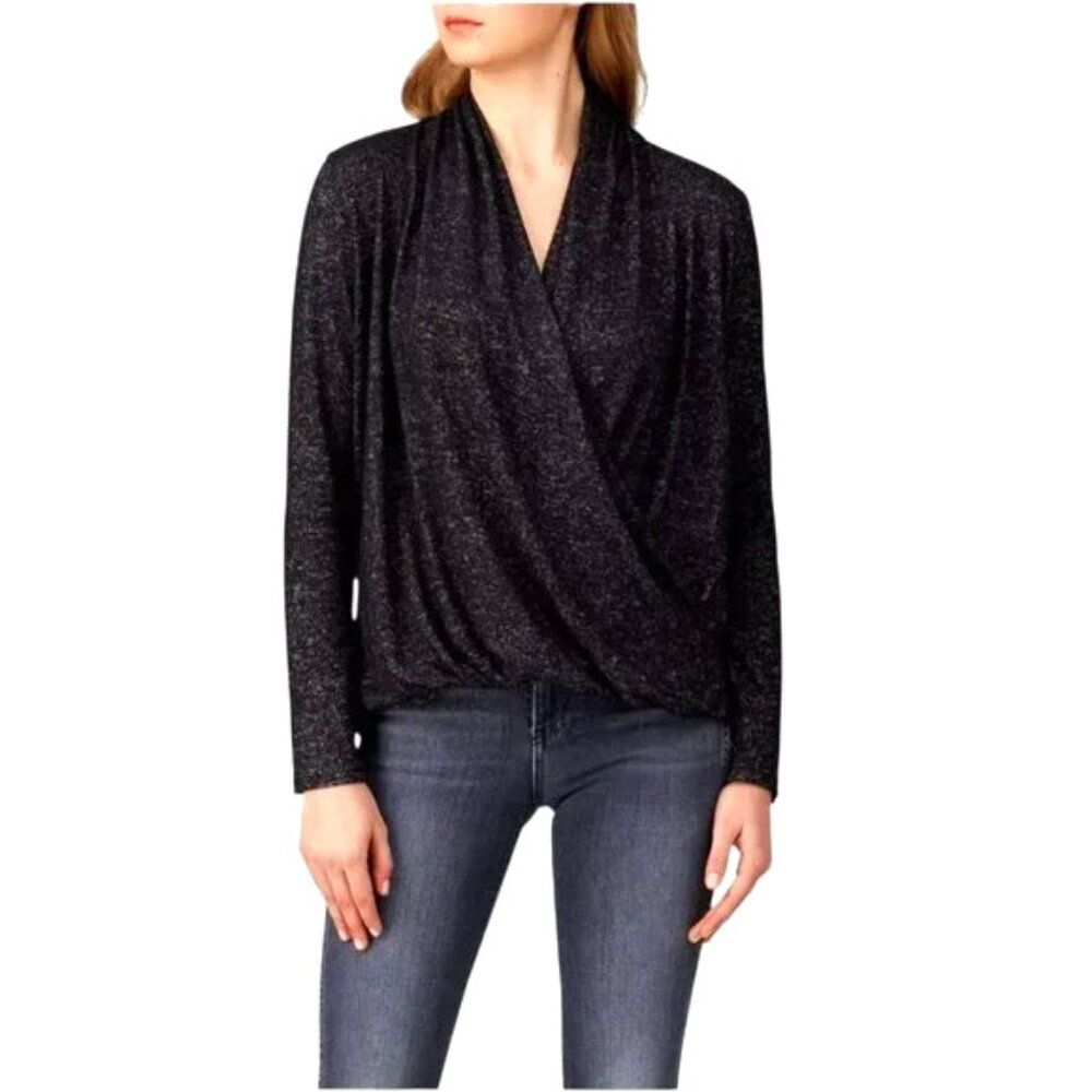 Slate & Willow Sweater Marled Black Super soft Knit Draped Crossover Top XS
